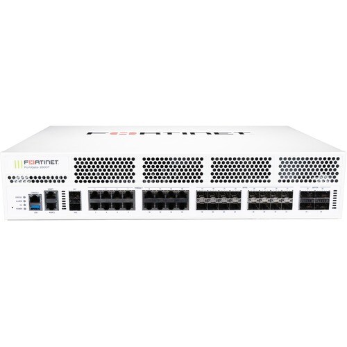 Fortinet FortiGate FG-2600F-DC Network Security/Firewall Appliance - 16 Port - 1000Base-X, 40GBase-X, 100GBase-X, 10GBase-X, 10GBase-T - 100 Gigabit Ethernet - 198 Gbit/s Firewall Throughput - SHA-256, AES (256-bit), - FG-2600F-DC-BDL-809-12