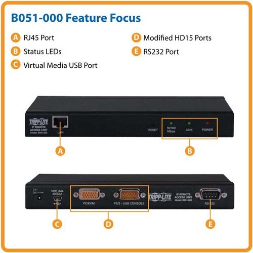 IP KVM SERVER REMOTE CONTROL RS-232 RJ45 HD15F PS/2 USB DB9 TAA - B051-000 - Image 5