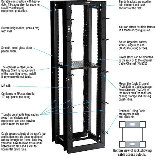 Black Box Flex Depth Rack - 45U, 4-Post, 24" x 24"D, M6 Square Holes - For Patch Panel - 45U Rack Height x 19" Rack Width - Floor - RMT920A