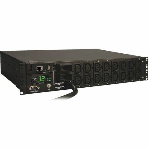 Eaton 7.4kW Single-Phase Switched PDU, LX Interface, 230V Outlets (16-C13), IEC-309 Blue 230V 32A, 3.6m Cord, 2U Rack-Mount, TAA - 16 x IEC 60320 C13 - 7.36 kVA - PDUMH32HVNET