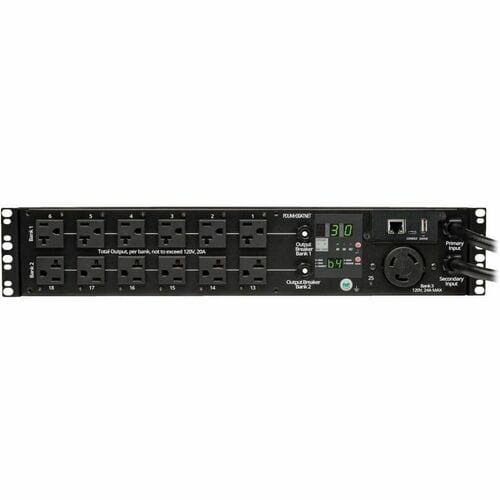 Eaton Tripp Lite Series 2.9kW Single-Phase Switched Automatic Transfer Switch PDU, 2 120V L5-30P Inputs, 24 5-15/20R & 1 L5-30R Outputs, 2U, TAA - 24 x NEMA 5-15/20R, - PDUMH30ATNET - Image 2