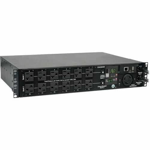 Eaton Tripp Lite Series 2.9kW Single-Phase Switched Automatic Transfer Switch PDU, 2 120V L5-30P Inputs, 24 5-15/20R & 1 L5-30R Outputs, 2U, TAA - 24 x NEMA 5-15/20R, - PDUMH30ATNET