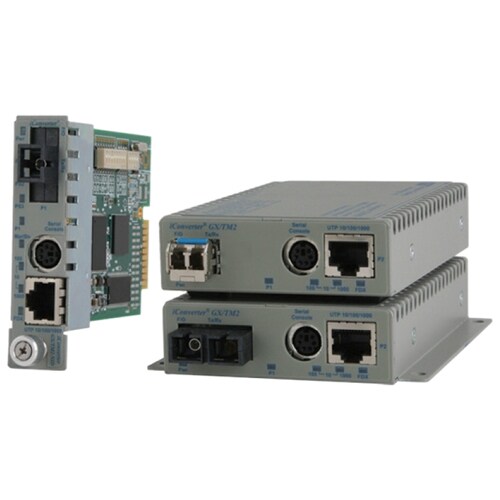 Omnitron Systems iConverter GX/TM2 Media Converter - 1 x Network (RJ-45) - 10/100/1000Base-T, 1000Base-X - 1 x Expansion Slots - 1 x SFP Slots - Desktop 8939N-0-C - 8939N-0-C