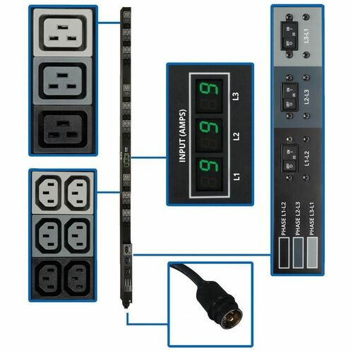 Eaton Tripp Lite Series 12.6kW 3-Phase Local Metered PDU, 208V Outlets (36 C13 & 9 C19) Hubbell 50A CS8365C, 6 ft. (1.83 m) Cord, 0U Vertical, TAA - - PDU3MV6H50