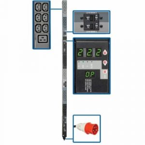 Eaton Tripp Lite Series 3-Phase Local Metered PDU, 23kW, 42 208-240V outlets (36 C13, 6 C19), IEC309 32A Red (3P+N+E) 360-415V Input, 0u vertical, TAA - IEC 309 - PDU3XMV6G32