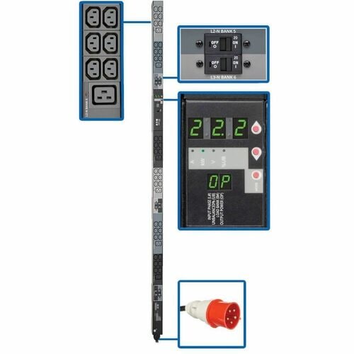 Eaton Tripp Lite Series 3-Phase Local Metered PDU, 23kW, 42 208-240V outlets (36 C13, 6 C19), IEC309 32A Red (3P+N+E) 360-415V Input, 0u vertical, TAA - IEC 309 - PDU3XMV6G32