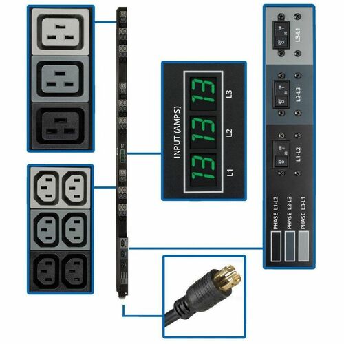 Eaton Tripp Lite Series 3-Phase Local Metered PDU, 8.6 kW, 45 208V outlets (36 C13, 9 C19), 6 ft. (1.83 m) NEMA L21-30P Input connection, TAA Compliant - - PDU3MV6L2130A