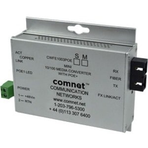 ComNet Commercial Grade 100Mbps Media Converter with 48V POE, Mini, "A" Unit - Network (RJ-45) - 1x PoE+ (RJ-45) Ports - 1 x ST Ports - DuplexST Port - CWFE1002APOESHO/M