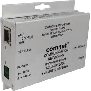 ComNet Commercial Grade 100Mbps Media Converter with 48V POE, Mini, SFP Required - 1x PoE+ (RJ-45) Ports - Fast Ethernet - 100Base-X, 10/100Base-T - 1 x Expansion Slots - CWMCFESFPPOE60/M