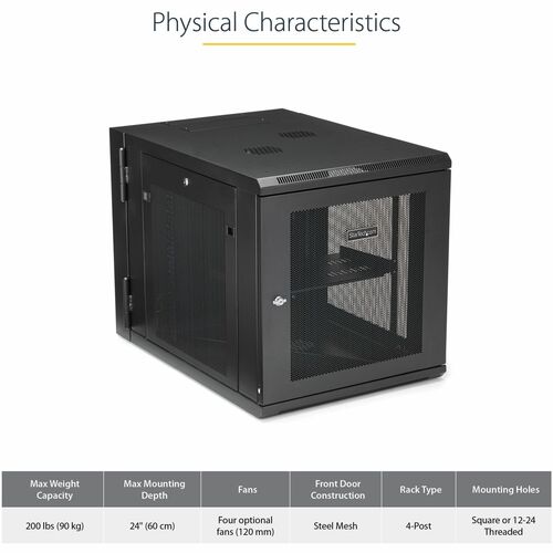 StarTech.com 4-Post 12U Wall Mount Network Cabinet, 19" Hinged Wall-Mounted Server Rack for IT Equipment, Flexible Lockable Rack Enclosure - Wall-Mount Server Rack for rackmount equipment - Flexible - RK1232WALHM - Image 11