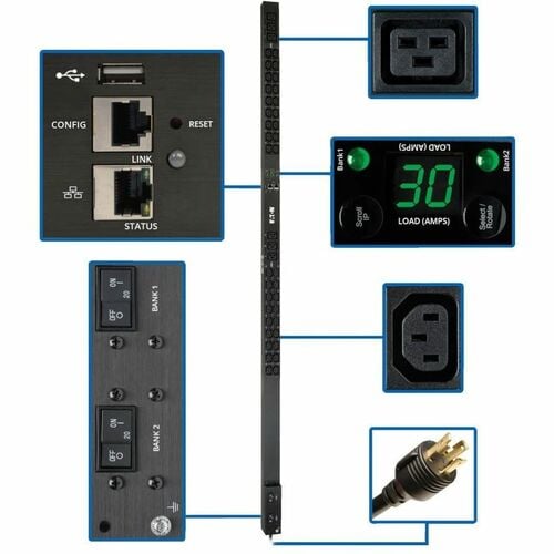 Eaton 5.5kW Single-Phase Monitored PDU, LX Interface, 208/230V Outlets (36 C13/6 C19), L6-30P, 10 ft. (3.05 m) Cord, 0U 1.8m/70 in. Height, TAA - Monitored - NEMA L6-30P - PDUMNV30HV2LX