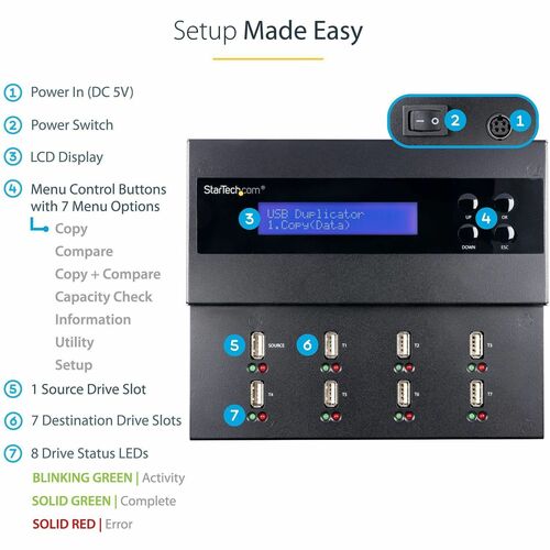 StarTech.com Standalone 1 to 7 USB Thumb Drive Duplicator/Eraser, Multiple USB Flash Drive Copier/Cloner, Sector-by-Sector Copy, Sanitizer - 1 to 7 Standalone USB Flash Drive Duplicator/Eraser, Cloner/Sanitizer; Supports - USBDUPE17 - Image 5