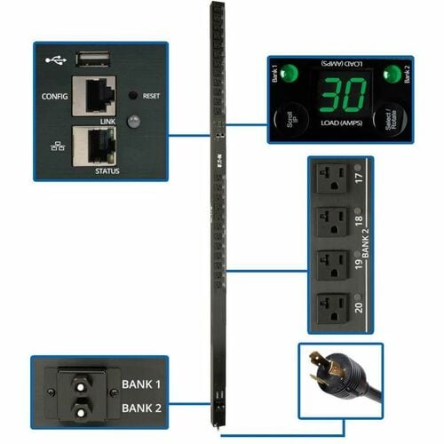 Eaton 2.9kW Single-Phase Switched PDU - LX Interface, 120V Outlets (24 5-15/20R), 10 ft. (3.05 m) Cord with L5-30P, 0U, TAA - Switched - NEMA L5-30P - 24 - PDUMV30NETLX