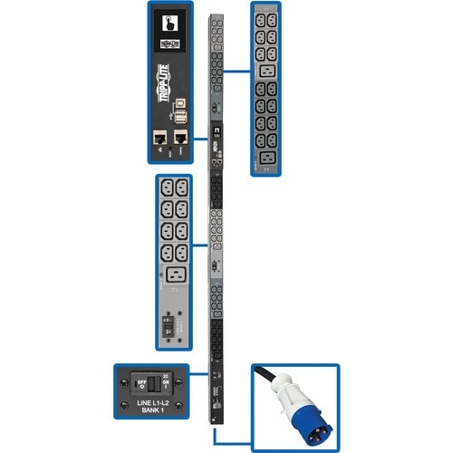 Eaton Tripp Lite Series 14.5kW 200-240V 3PH Monitored PDU - LX Interface, Gigabit, 48 Outlets, IEC 309 60A Blue Input, LCD, 3 m Cord, 0U 1.8 m Height, - PDU3EVN10G60B
