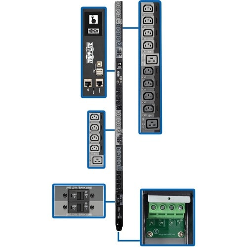 Eaton Tripp Lite Series 28.8kW 220-240V 3PH Switched PDU - LX Interface, Gigabit, 30 Outlets, Hardwire 380-415V Input, LCD, 1.8 m Cord, 0U 1.8 m Height, TAA - - PDU3XEVSRHWB