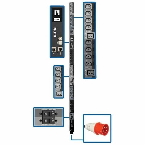 Eaton 23kW 220-240V 3PH Switched PDU - LX Interface, Gigabit, 30 Outlets, IEC 309 32A Red 380-415V Input, LCD, 1.8 m Cord, 0U 1.8 m Height, TAA - - PDU3XEVSR6G32B