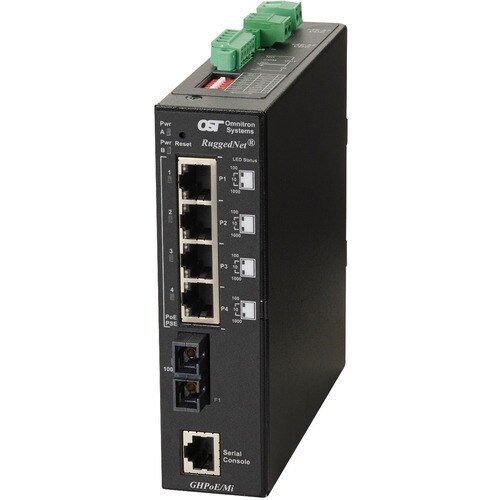 Omnitron Systems RuggedNet Managed Industrial Gigabit High Power 60W PoE, MM SC, RJ-45, Ethernet Fiber Switch - 4 x 10/100/1000BASE-T, 1 x 1000BASE-X, 2xDC Power, 5 Year Warranty - 3302-0-14-2Z