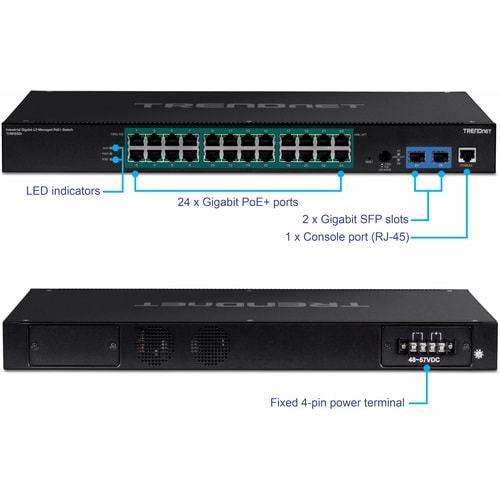 TRENDnet 26-Port Industrial Gigabit L2 Managed PoE+ Switch, TI-RP262i, 1U 19" Rackmount, 24 x Gigabit PoE+ Ports, 2 x SFP Slots (100/1000Base-FX), IP30, VLAN, QoS, 685W PoE Power - TI-RP262I - Image 4