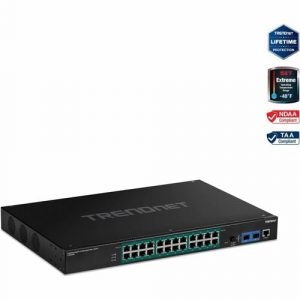 TRENDnet 26-Port Industrial Gigabit L2 Managed PoE+ Switch, TI-RP262i, 1U 19" Rackmount, 24 x Gigabit PoE+ Ports, 2 x SFP Slots (100/1000Base-FX), IP30, VLAN, QoS, 685W PoE Power - TI-RP262I