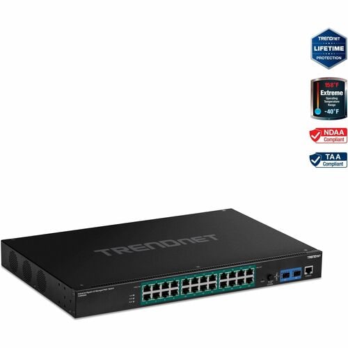 TRENDnet 26-Port Industrial Gigabit L2 Managed PoE+ Switch, TI-RP262i, 1U 19" Rackmount, 24 x Gigabit PoE+ Ports, 2 x SFP Slots (100/1000Base-FX), IP30, VLAN, QoS, 685W PoE Power - TI-RP262I