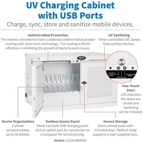 Eaton Tripp Lite Series Safe-IT Multi-Device UV Charging Station, Hospital-Grade, 16 USB Ports, iPad and Android Tablets, Antimicrobial, White - 1 x Shelf(ves) - 18.8" Height x 30.3" - CS16USBWHG - Image 25
