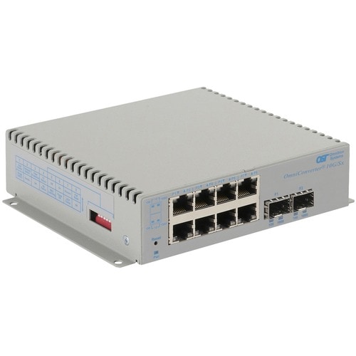 Omnitron Systems OmniConverter 10G/Sx, 2xSFP/SFP+, 8xRJ-45, 1xAC Powered Extended Temp - 10 Ports - 2 Layer Supported - Modular - Optical Fiber, Twisted Pair - Wall Mountable, DIN - 2901-0-28-1Z