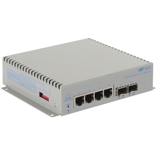 Omnitron Systems OmniConverter 10G/Sx, 2xSFP/SFP+, 4xRJ-45, 1xDC Powered Commercial Temp - 6 Ports - 2 Layer Supported - Modular - Optical Fiber, Twisted Pair - Wall Mountable, DIN - 2901-0-24-9