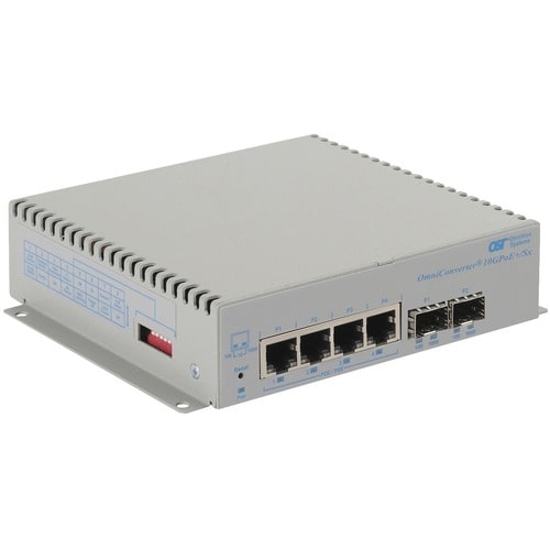 Omnitron Systems OmniConverter 10GPoE+/Sx PoE+, 2xSFP/SFP+, 4xRJ-45, 1xDC Powered Wide Temp - 6 Ports - 2 Layer Supported - Modular - 30 W PoE Budget - Optical Fiber, - 9581-0-24-9W