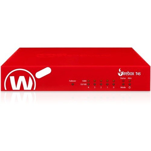 WatchGuard Firebox T45 Network Security/Firewall Appliance - Intrusion Prevention - 5 Port - 10/100/1000Base-T - Gigabit Ethernet - 3.94 Gbit/s Firewall Throughput - 5 x RJ-45 - 1 - WGT45641