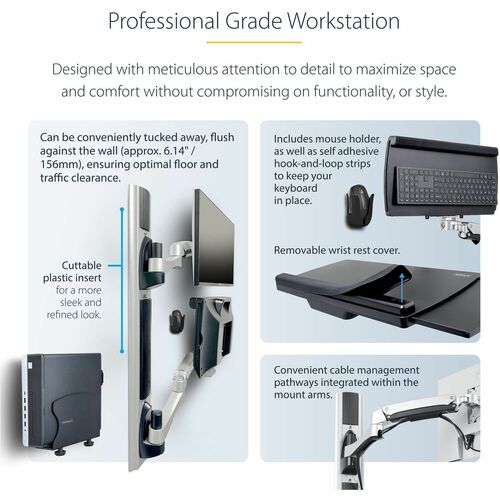 StarTech.com Wall Mount Workstation, VESA Mount 22lb/10kg, Fully Articulating Monitor Mount & Keyboard Tray, Standing Desk w/PC Bracket - Wall mount workstation w/ articulating arms - VESA mount - 2PASTSC-WALL-MOUNT - Image 4