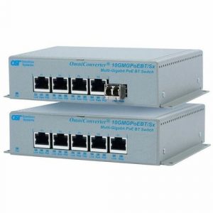 Omnitron Systems 10G Unmanaged Multi-Gigabit / Multi-Rate PoE++ (100W) Switch - 1x 1000/10GBASE-X (SFP/SFP+) + 2x 10/100/1000/2.5G/5G/10GBASE-T PoE/PSE, 2x 10/100/1000BASE-T PoE/PSE, DC Terminal Powered, 5 Year Warranty 9653-0-14-9