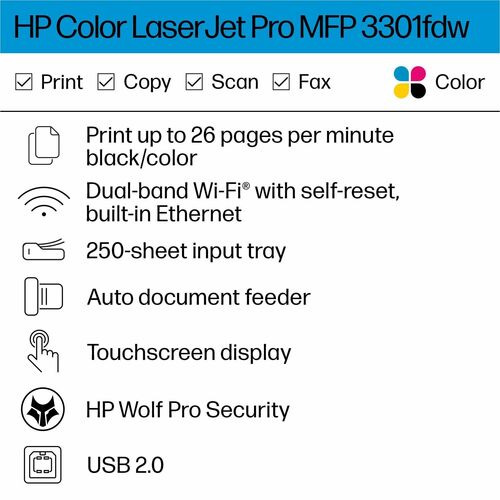 HP LaserJet Pro 3301fdw Wired & Wireless Laser Multifunction Printer - Color - Copier/Fax/Printer/Scanner - 26 ppm Mono/26 ppm Color Print - 600 x 600 dpi Print - - 499Q5F#BGJ - Image 15