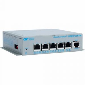 Omnitron Systems OmniConverter 10GMGPoEBT/M, 1x RJ-45, 4x RJ-45 PoE/PSE, 5 Year Warranty - 5 Ports - Manageable - 10 Gigabit Ethernet - 10GBase-T, 10/100/1000Base-T - 2 Layer Supported - 9657-1-14-9