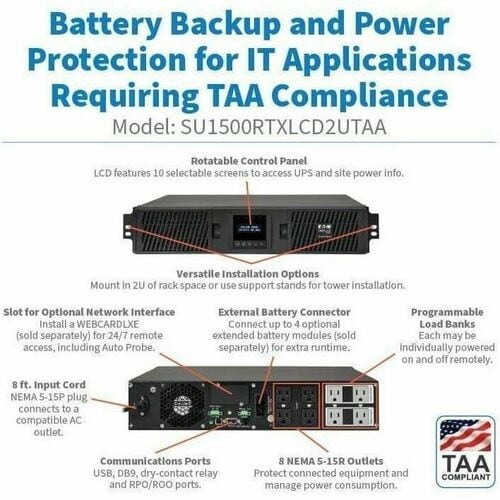 Eaton Tripp Lite Series SmartOnline 1500VA 1350W 120V Double-Conversion Sine Wave UPS - 8 Outlets, Extended Run, Network Card Option, LCD, USB, DB9, 2U Rack/Tower, TAA - 2U - SU1500RTXLCD2UTAA - Image 5