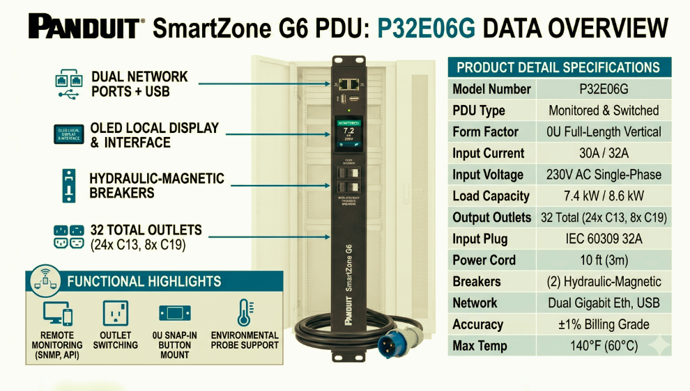 Panduit G6 MS PDU 32A/30A (24)C13(8)C19 IP44-3M BLK PK1 P32E06G