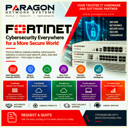 Fortinet FortiGate firewalls, SD-WAN, cloud security and zero trust cybersecurity solutions from Paragon Network Systems