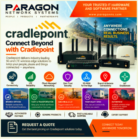 Cradlepoint 5G LTE routers, wireless edge, SD-WAN and cloud-managed networking solutions from Paragon Network Systems